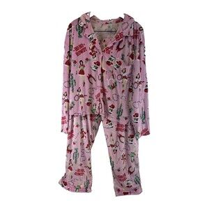 Holiday Time Ho Ho Howdy Pajama Set Button Shirt Pants Fleece Pink PJ Womens 3X